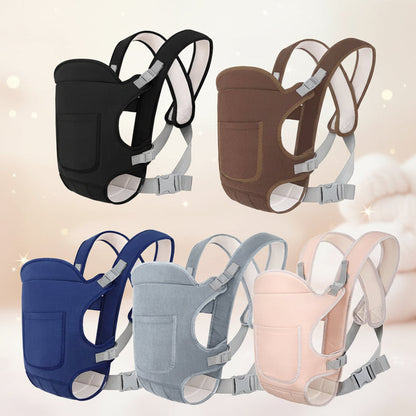 Collection of baby carriers in various colors on a white background