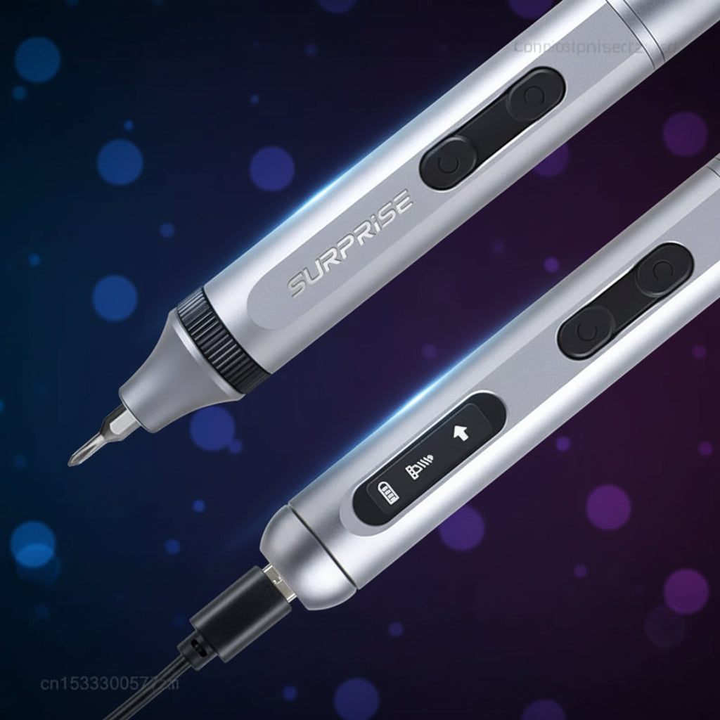 Two silver pens with 'Surprise' branding on a dark background