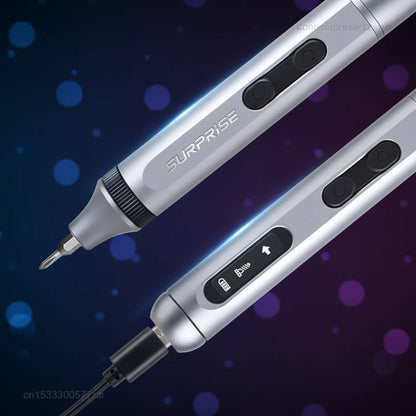 Two silver pens with 'Surprise' branding on a dark background