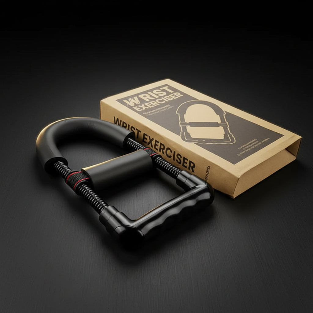 Black wrist exerciser with packaging on a white background