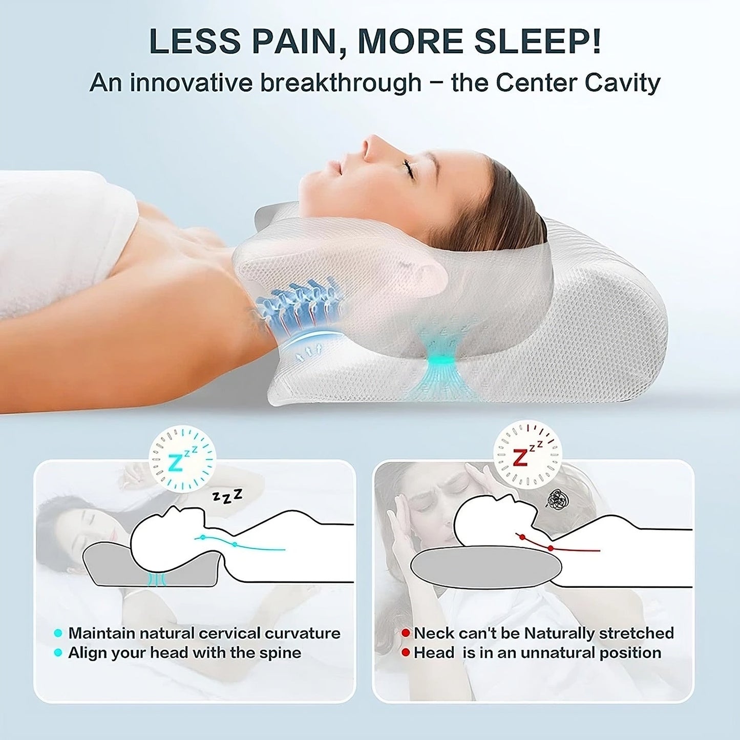Person using a neck pillow with diagrams showing its benefits on a light blue background
