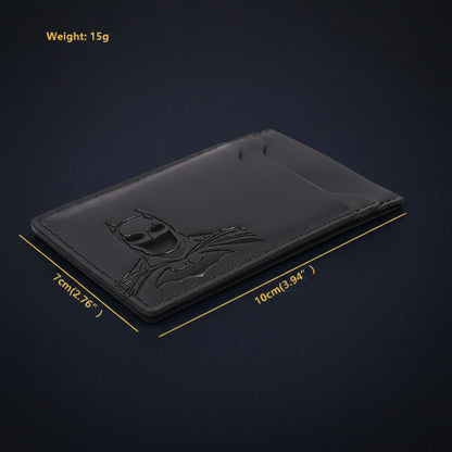 Black wallet with Batman logo and measurements on a white background
