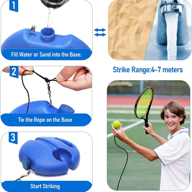 Step-by-step guide on how to use a pickleball training device with images and text.