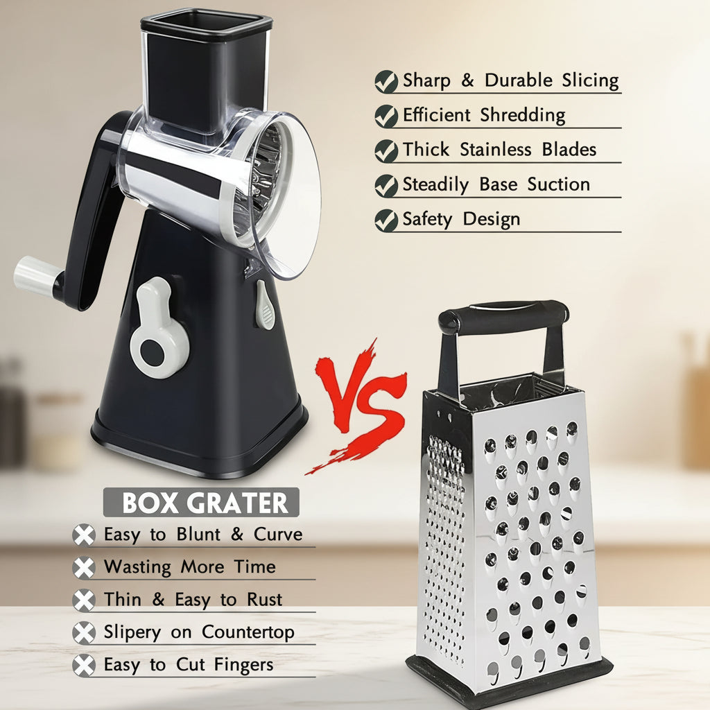 Comparison between a manual box grater and a manual rotary cheese grater with features listed.
