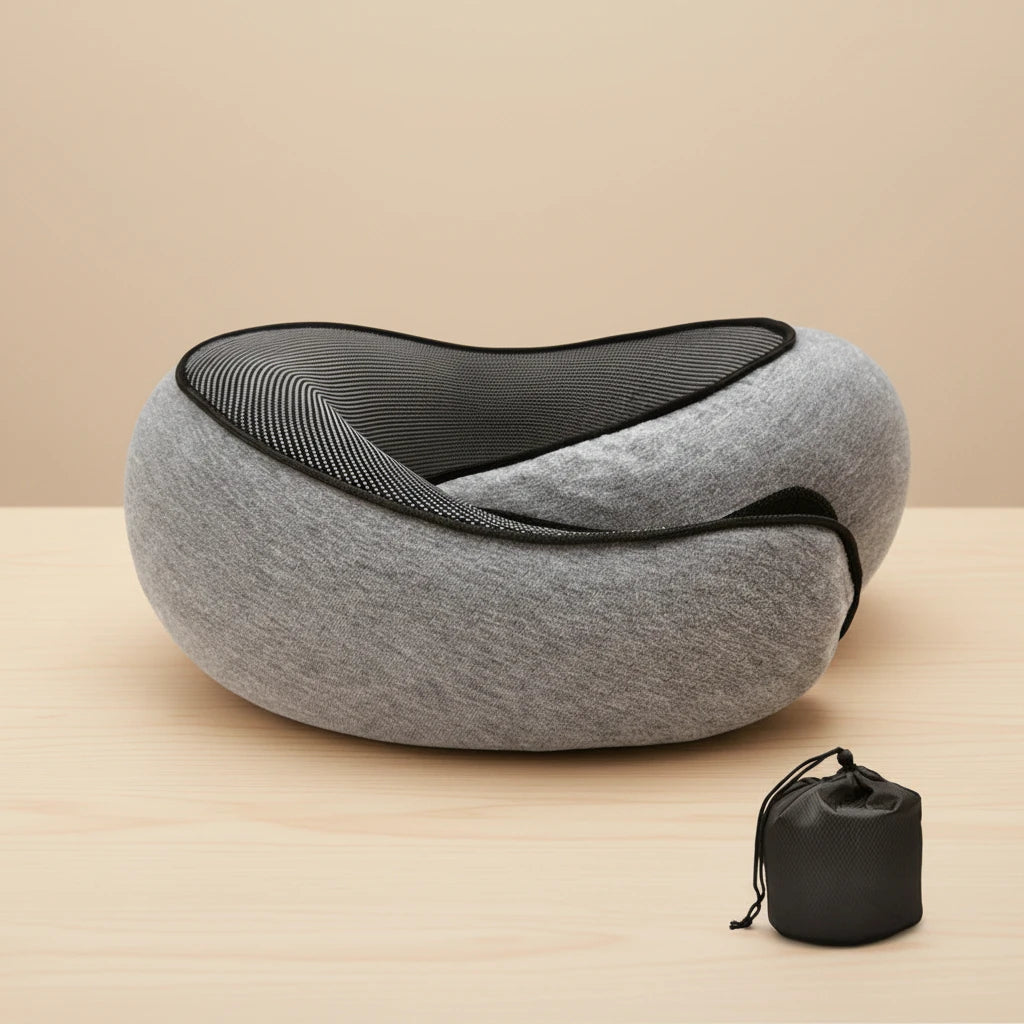 Gray neck pillow with black mesh on a wooden surface, accompanied by a black carrying bag.