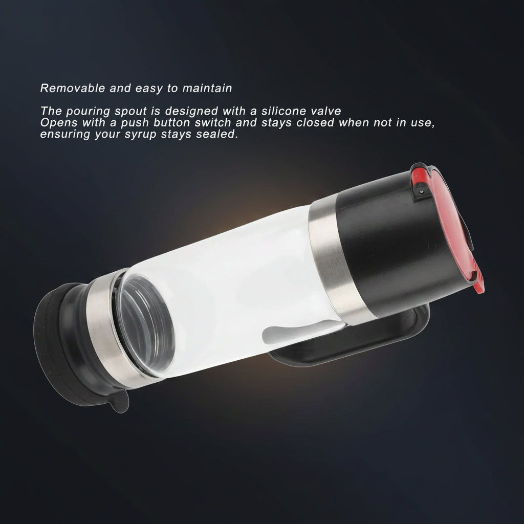Syrup dispenser with silicone valve and push button switch on a white background