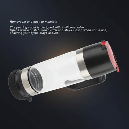 Syrup dispenser with silicone valve and push button switch on a white background