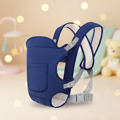 Blue baby carrier with gray straps on a white background