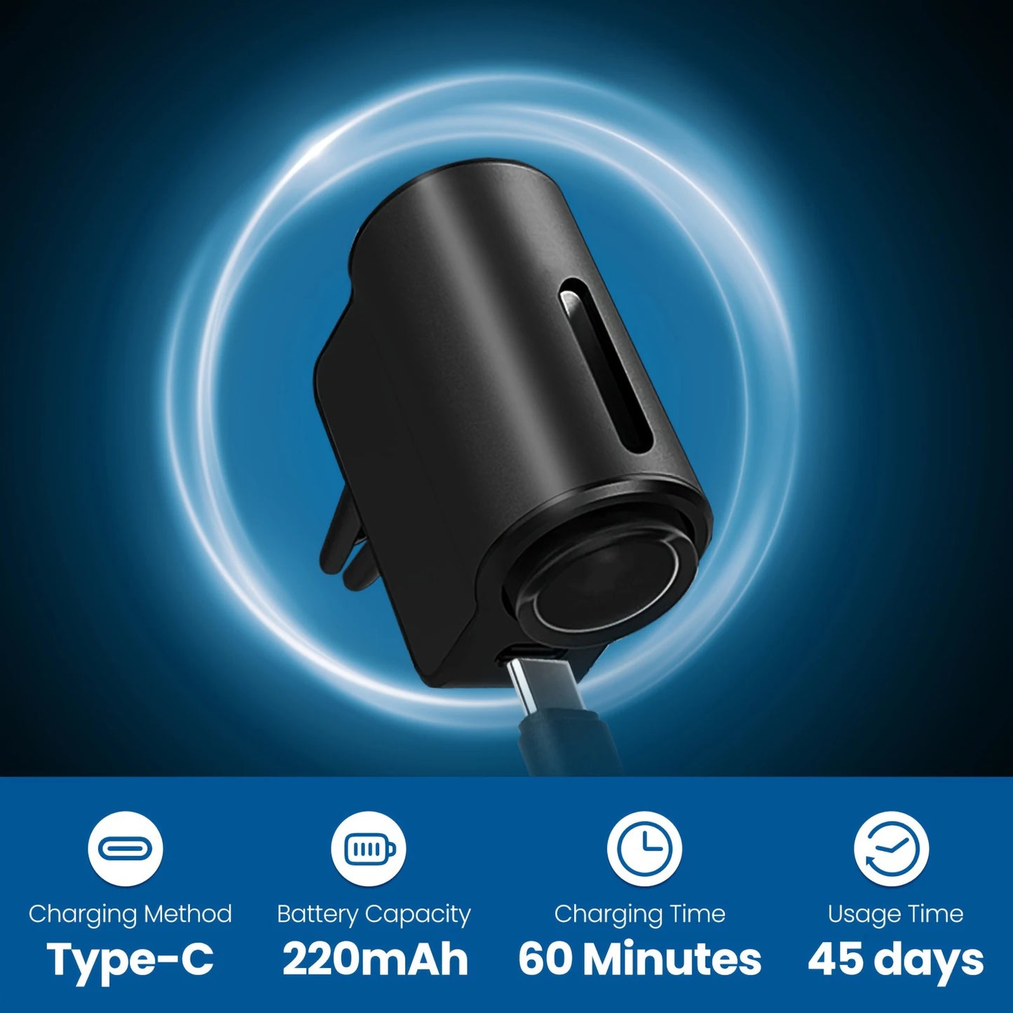 Black car charger with charging specifications on a blue background