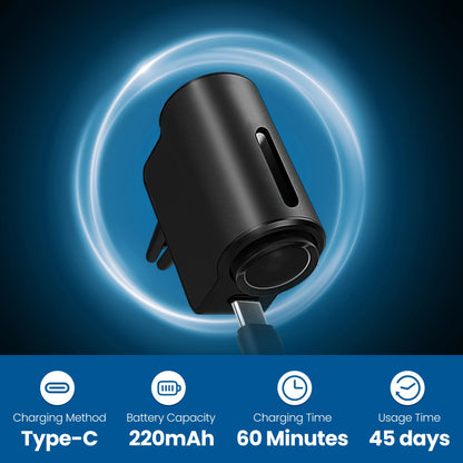 Black car charger with charging specifications on a blue background
