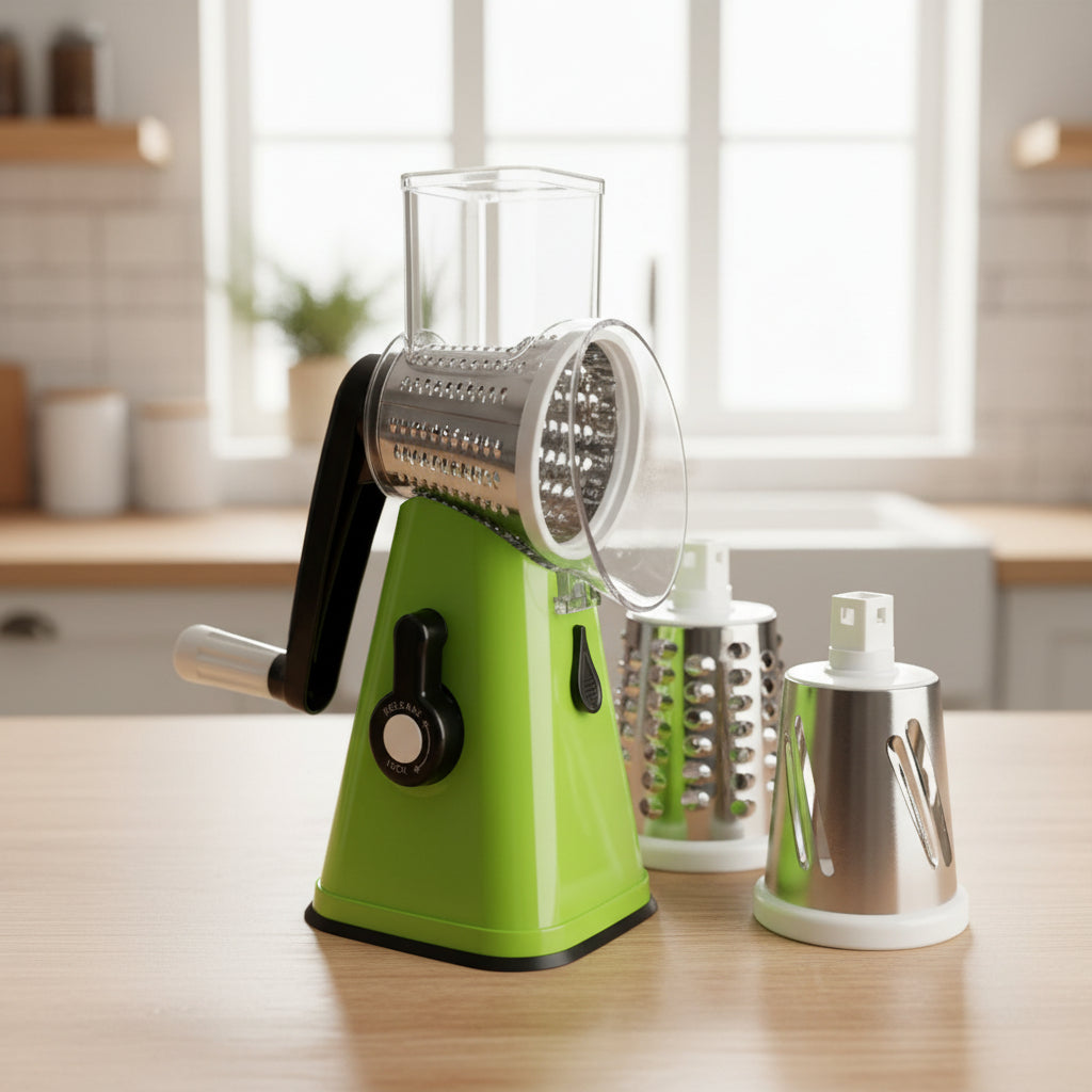 Green manual rotary cheese grater with additional attachments on a white background