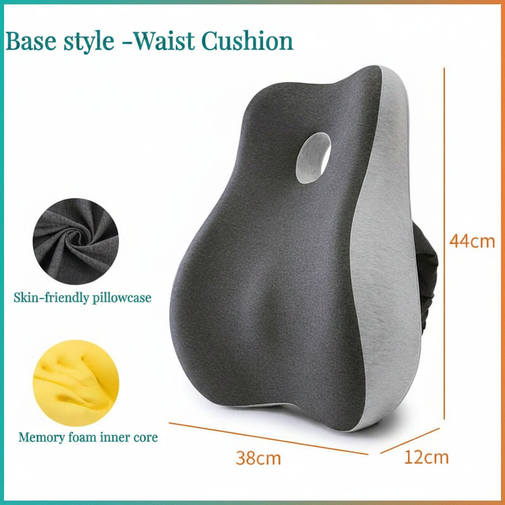 Gray waist cushion with measurements and features on a white background