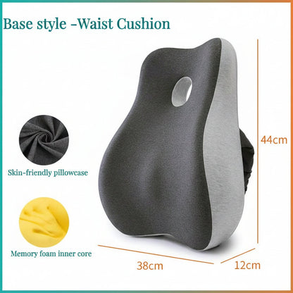 Gray waist cushion with measurements and features on a white background