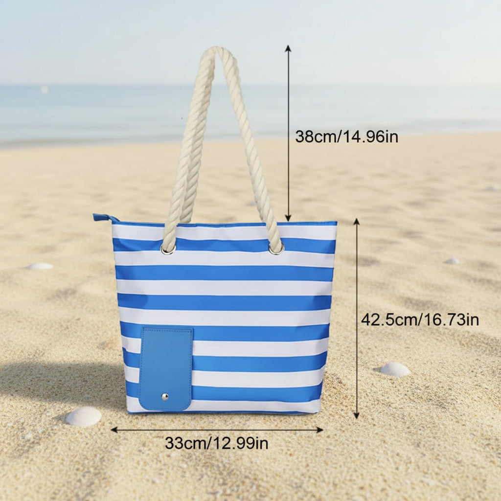 Blue and white striped tote bag with rope handles and dimensions displayed.