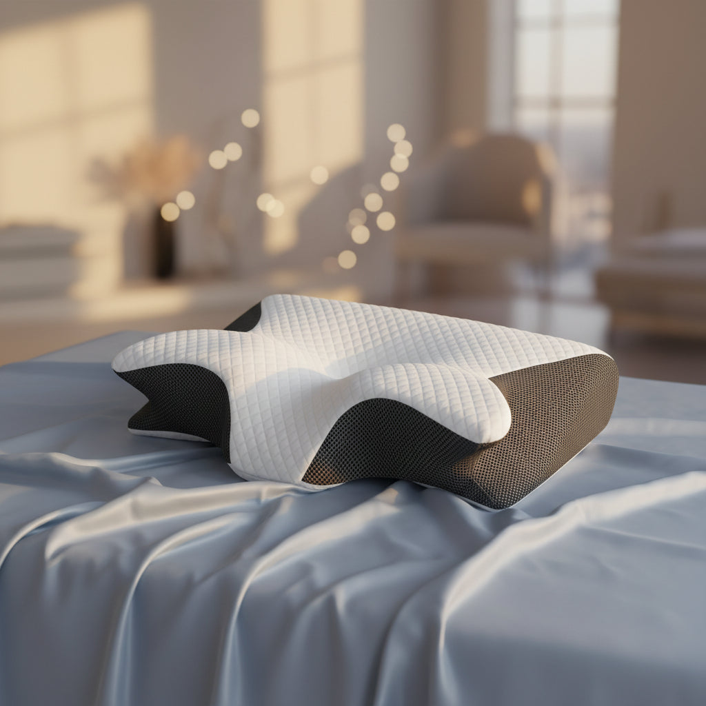 White and black pillow on a white background