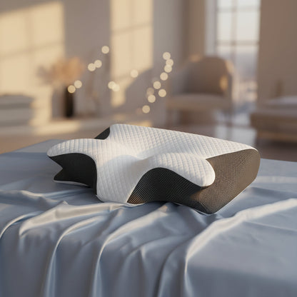 White and black pillow on a white background