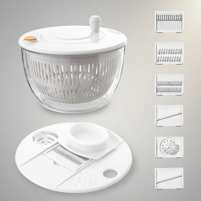 White kitchen salad spinner with detachable parts on a white background