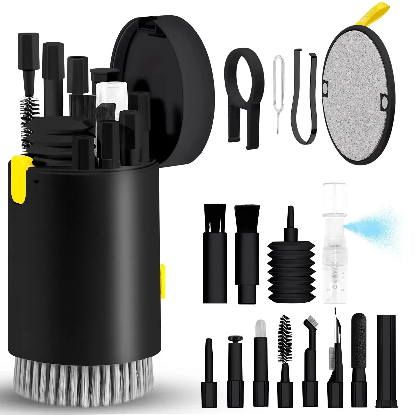 Collection of cleaning tools and accessories in a black container on a white background