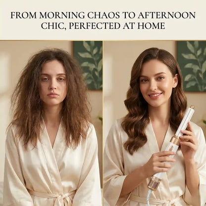 Woman in a robe with text 'From morning chaos to afternoon chic, perfected at home' and another woman holding a hair product.