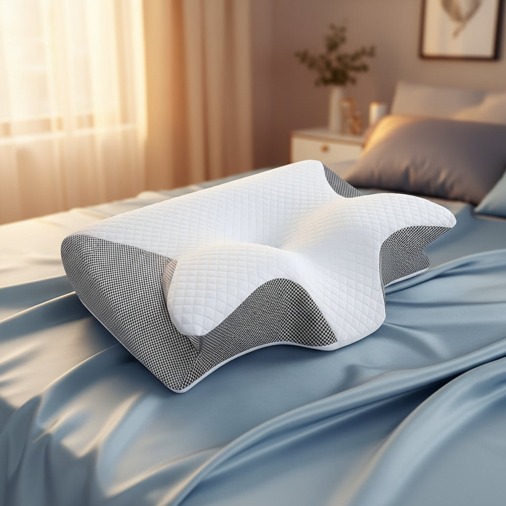 Ergonomic pillow with quilted white surface and gray mesh sides on a white background