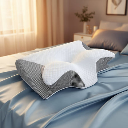 Ergonomic pillow with quilted white surface and gray mesh sides on a white background