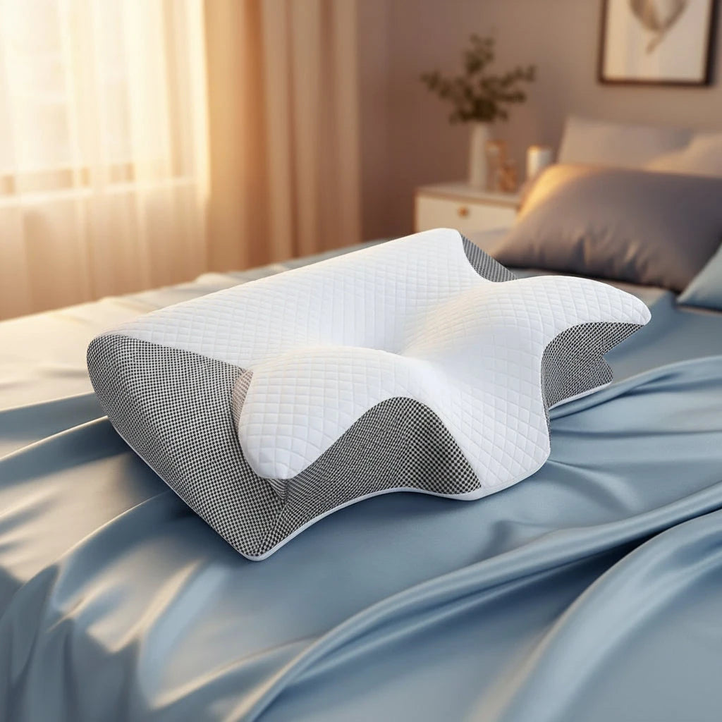 Cervical pillow on a bed in a bedroom setting