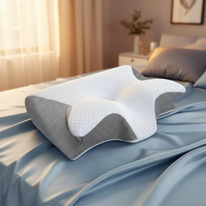 Cervical pillow on a bed in a bedroom setting