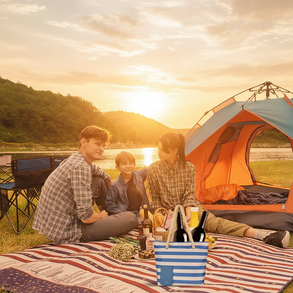 Family camping by a lake with a tent and picnic setup.