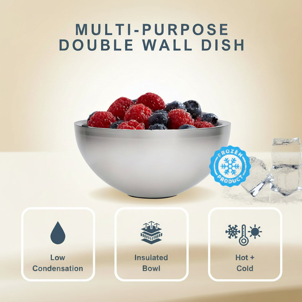Multi-purpose double wall dish with berries on a light blue background