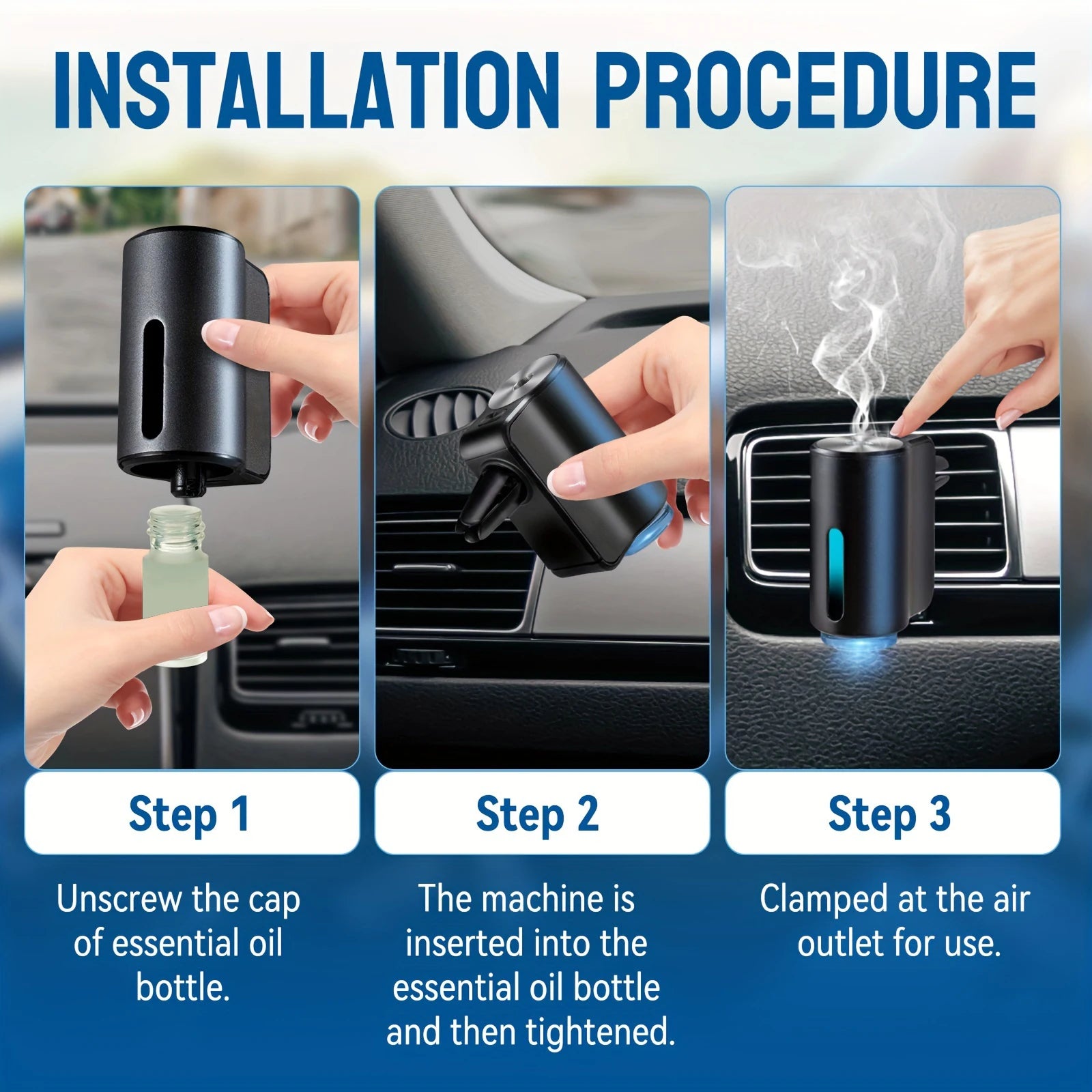 Step-by-step installation procedure for a car air freshener device.