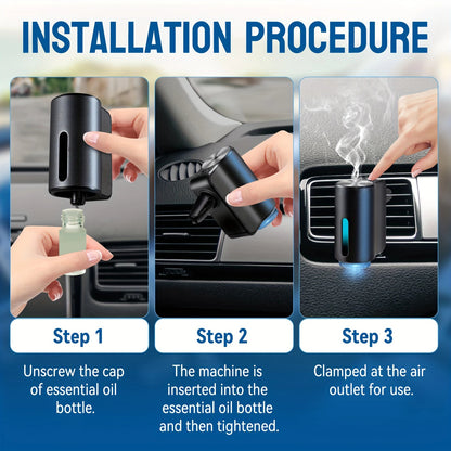 Step-by-step installation procedure for a car air freshener device.