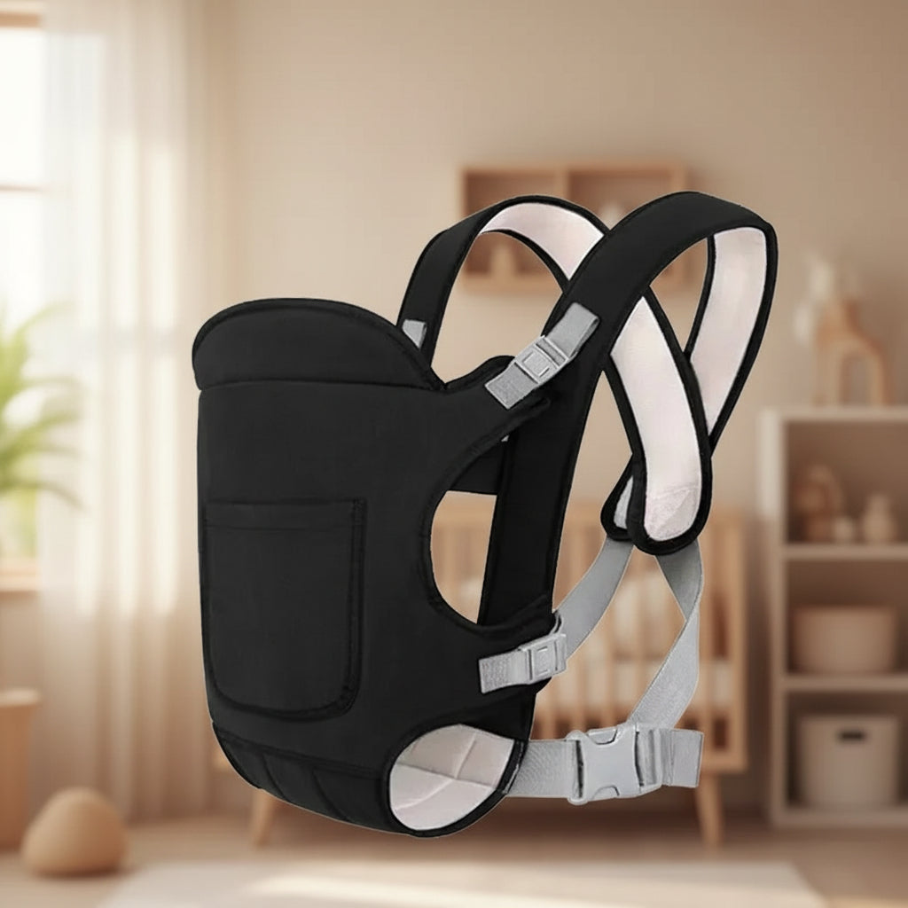 Black baby carrier with white padding on a white background