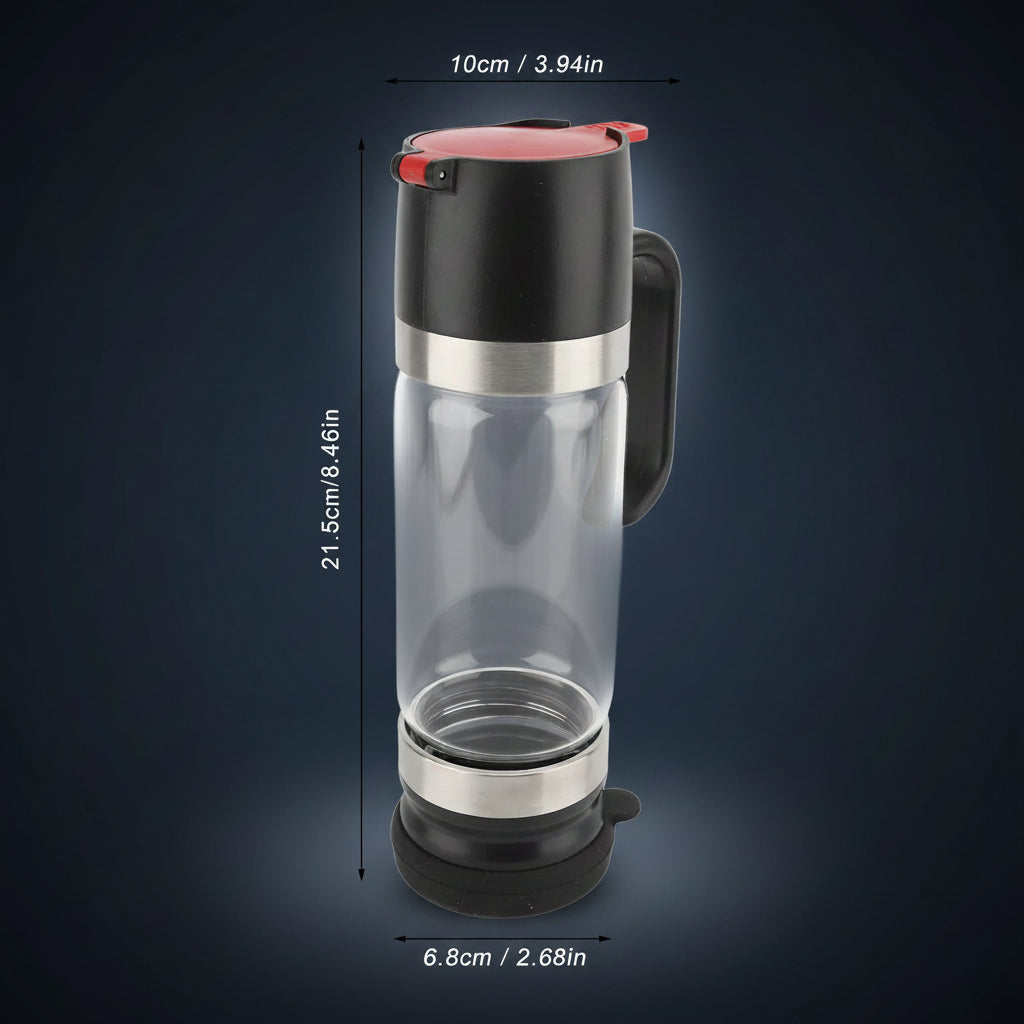 Glass coffee maker with black and red lid, dimensions indicated on a white background
