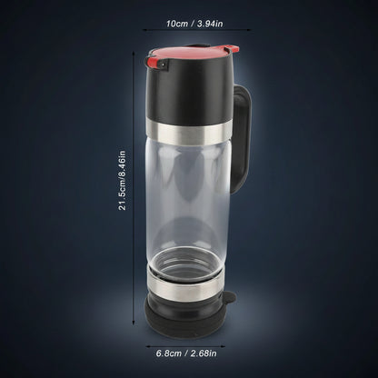 Glass coffee maker with black and red lid, dimensions indicated on a white background