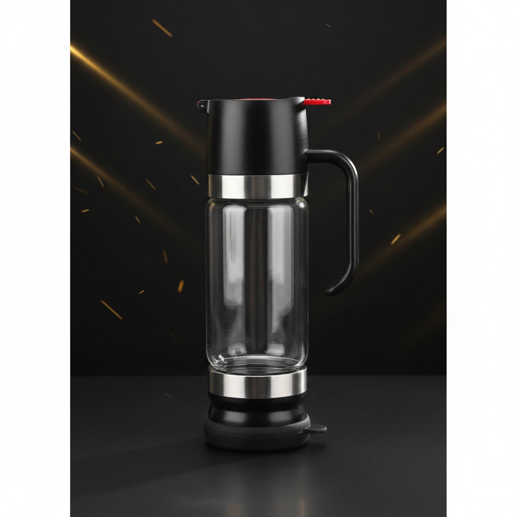 Clear glass water bottle with black and red lid on a white background