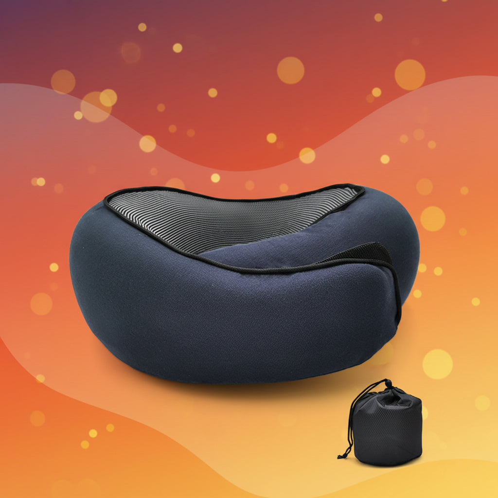 Navy blue travel pillow with a carrying pouch on a white background