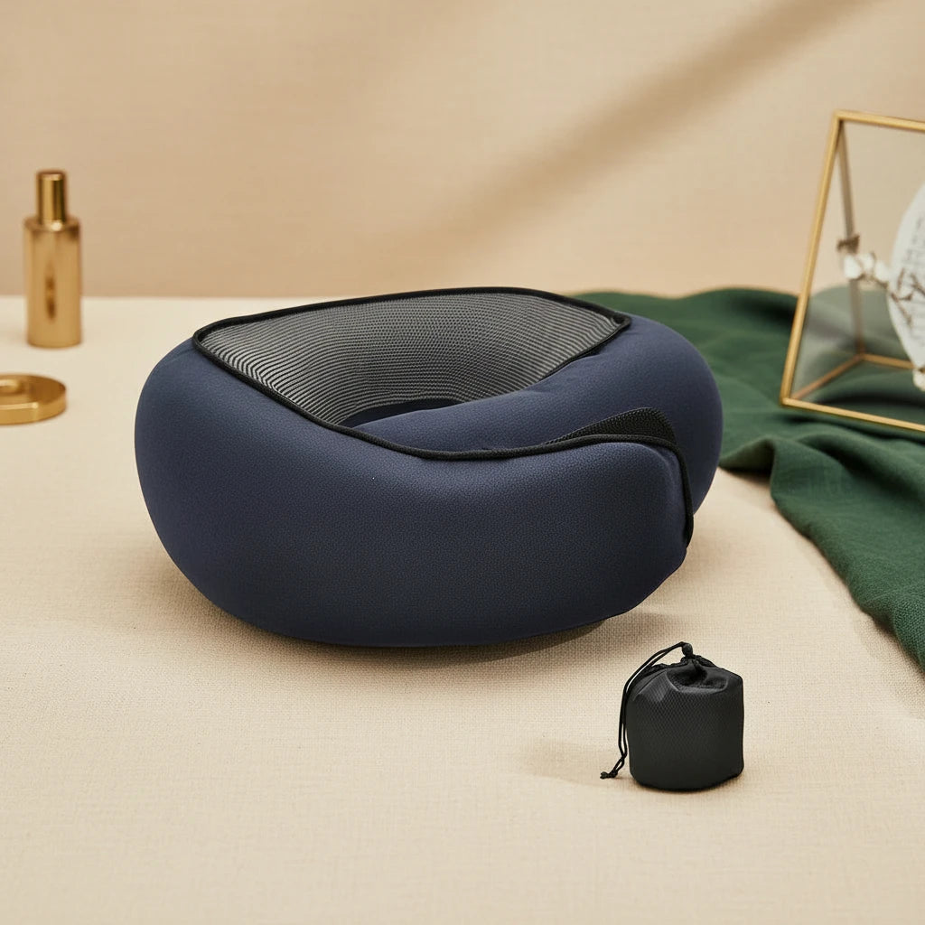 Blue neck pillow with carrying bag on a beige surface
