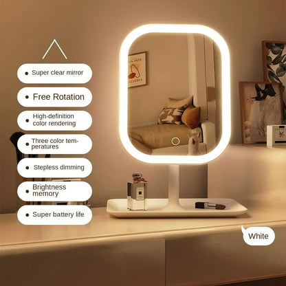Lighted makeup mirror with LED lighting on a vanity table.