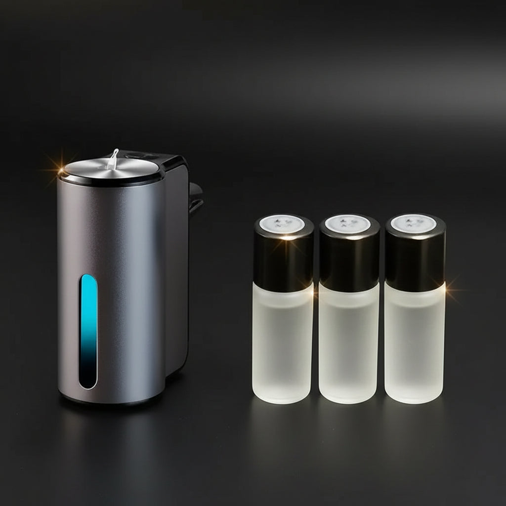 Set of three illuminated bottles with black lids next to a cylindrical device on a white background