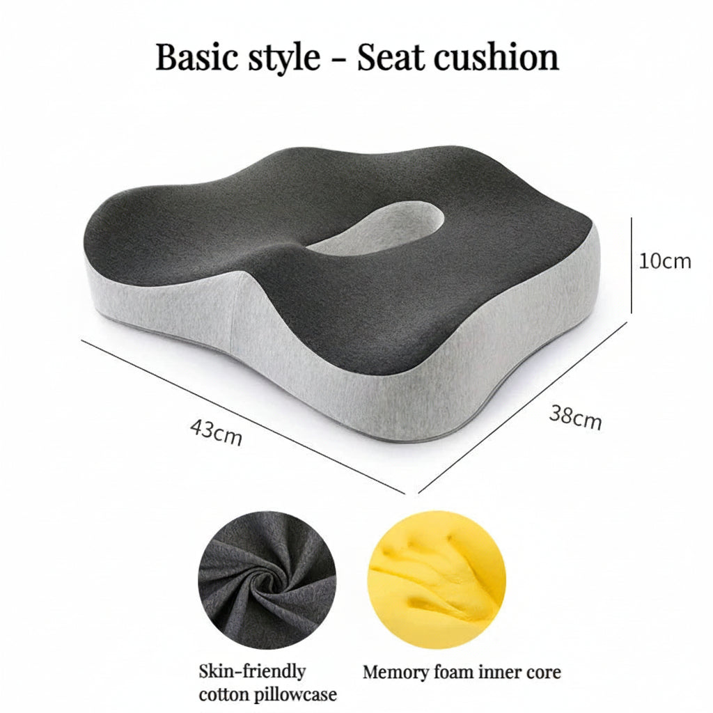 Gray seat cushion with dimensions and material details on a white background