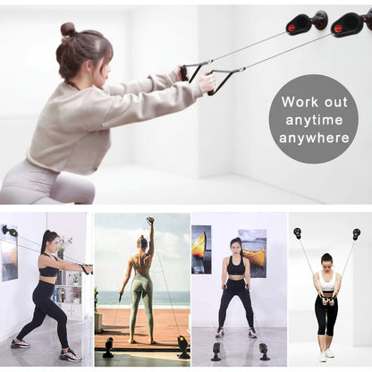 Woman exercising with resistance bands in various settings, emphasizing flexibility and convenience.