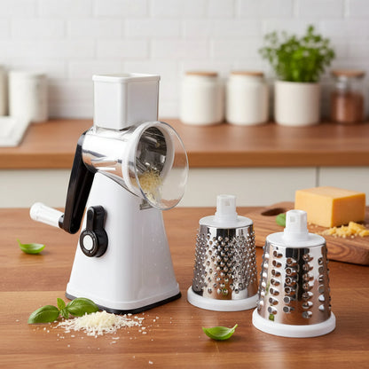 White manual rotary cheese grater with three interchangeable metal grating drums on a white background