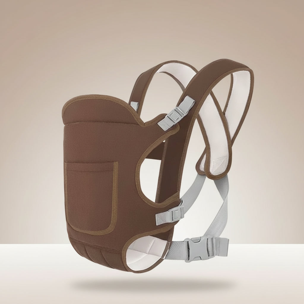 Brown baby carrier with gray straps on a white background