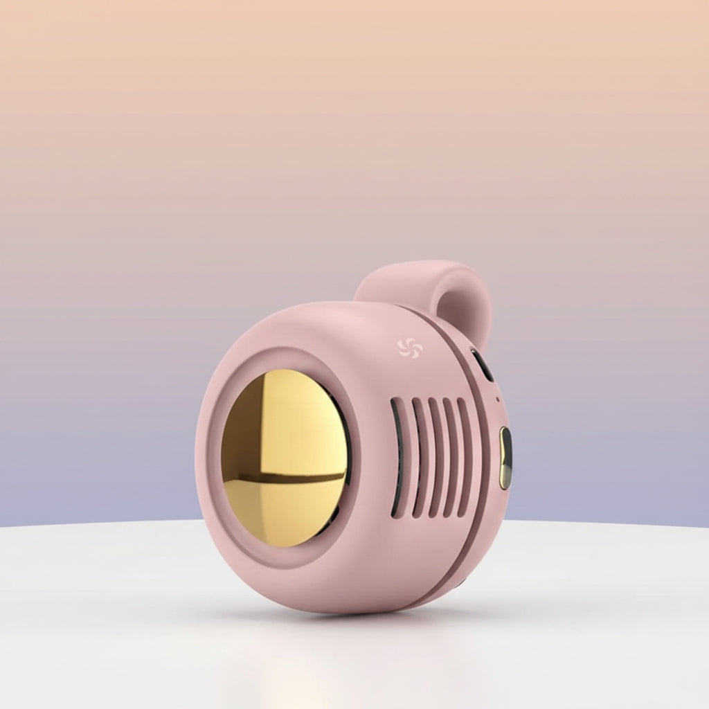 Pink handheld mirror with gold interior on a white background