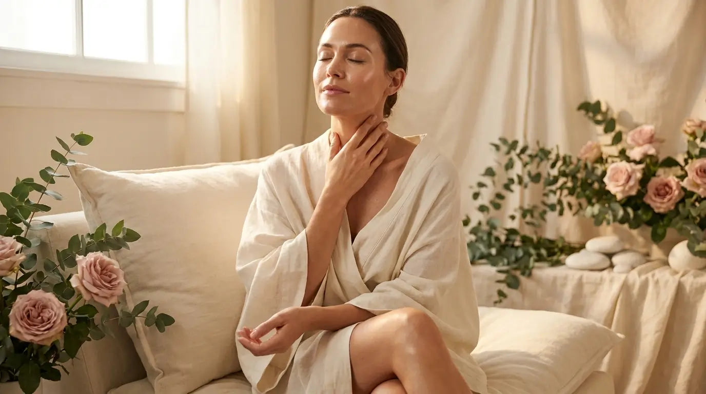 Woman in a white robe sitting on a couch with flowers and soft lighting