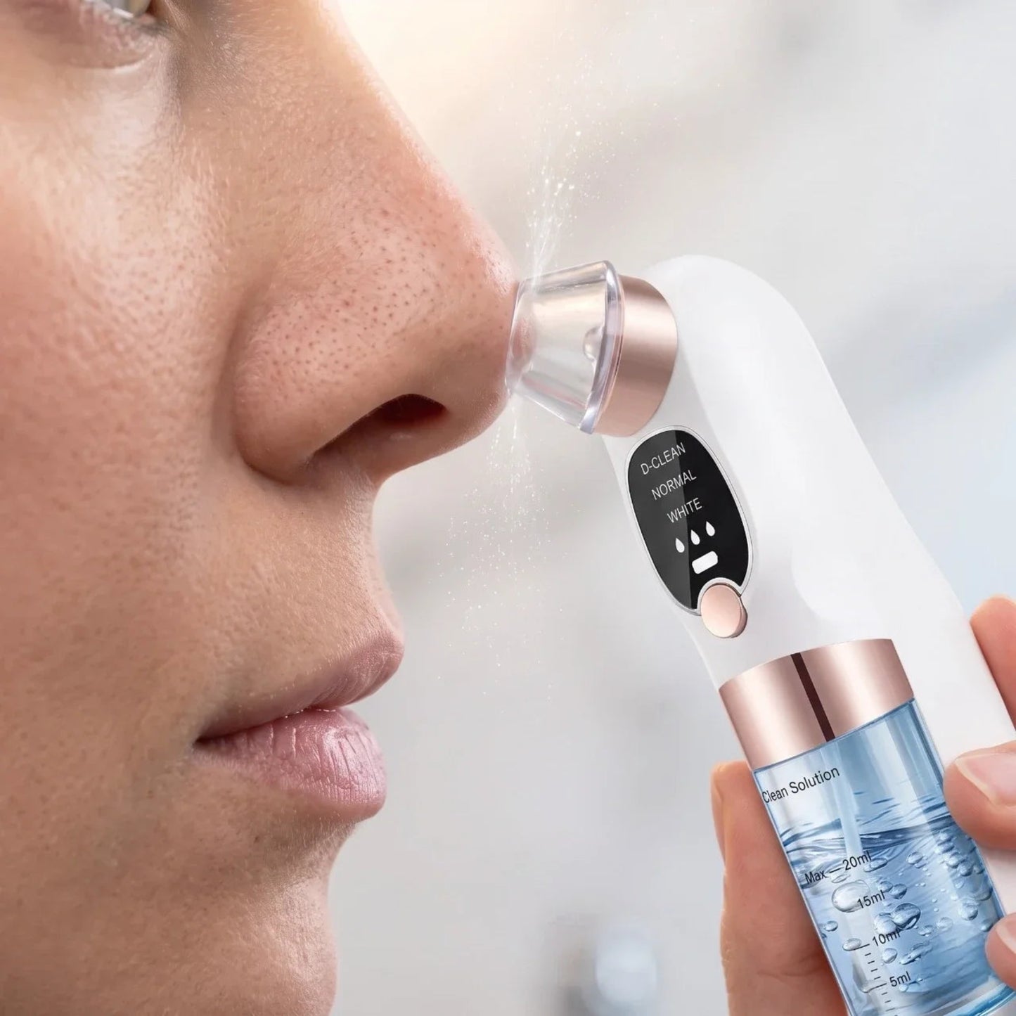 Person using a skincare device on their face with a clear background