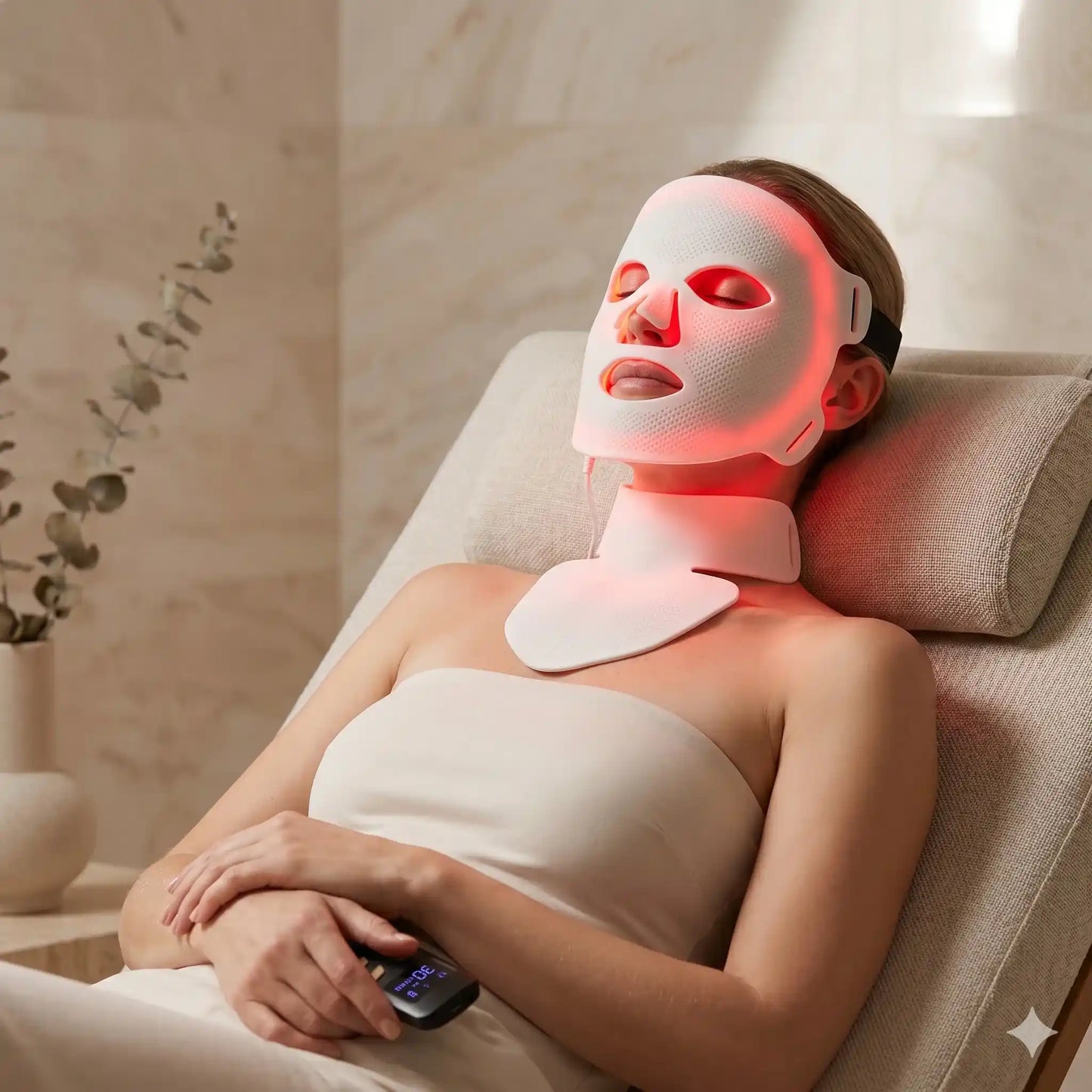 Woman receiving LED face and neck treatment in a spa setting