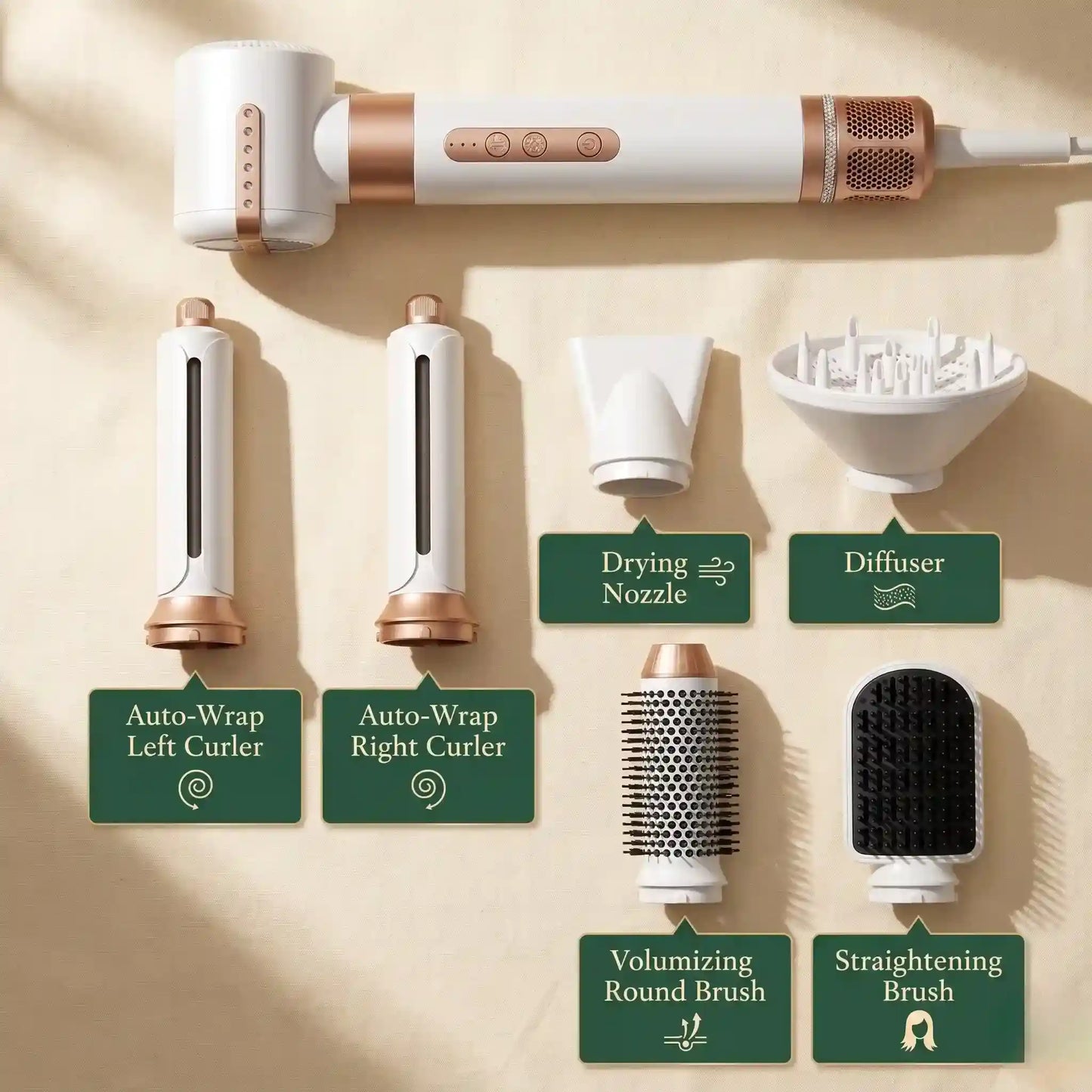 Hair styling tool with various attachments on a beige background