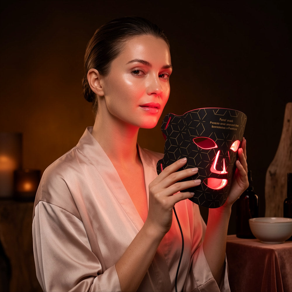 A woman in a satin robe holds a black LED facial therapy mask with red light glowing from the cutouts, set against a dimly lit spa-like background.