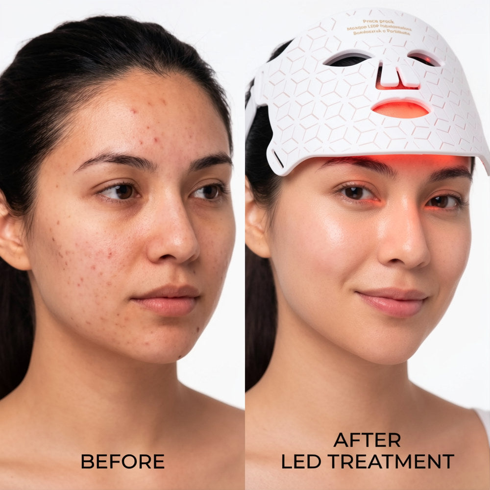 Before-and-after split comparison of a woman's face.